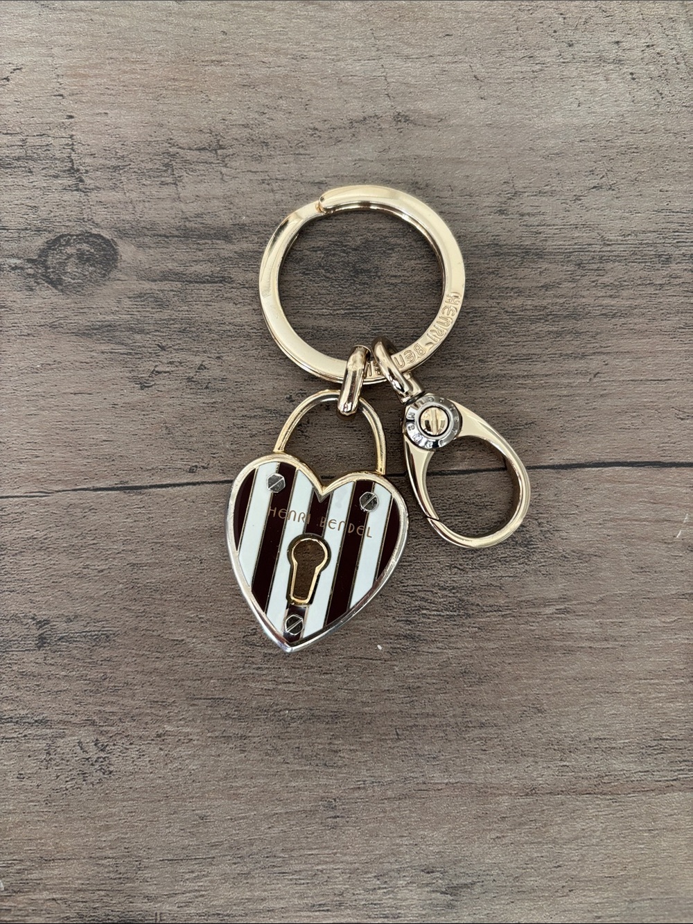 henri bendel Heart Lock Key & Card Holder Keychain in Brown and Cream Stripes